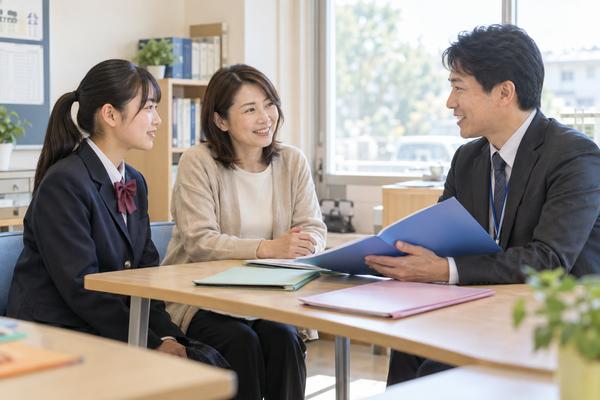 制服の中学生と保護者が面談室で先生と進路資料を見ながら志望校について相談している様子