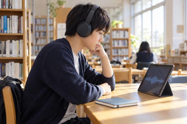 図書館でヘッドホンをつけ、タブレットの音声波形を見ながら英語のリスニング問題に取り組む高校生