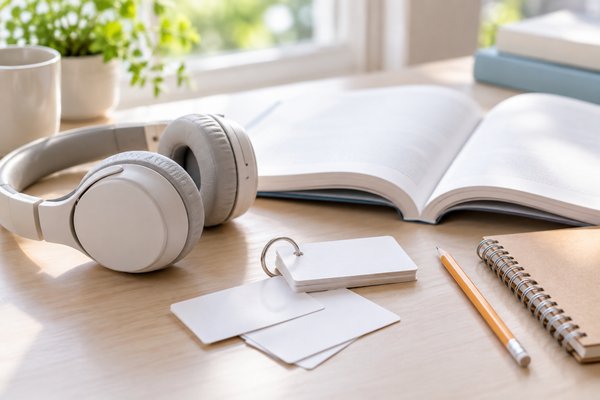 窓辺の机にヘッドホン、開いた英語の教科書、単語カード、ノートを並べ、音声と書く練習を組み合わせた勉強の準備をした様子