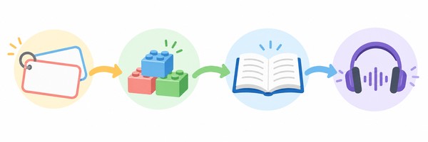 単語カード・文法のブロック・長文のページ・リスニングが一本の流れでつながることを示した図解