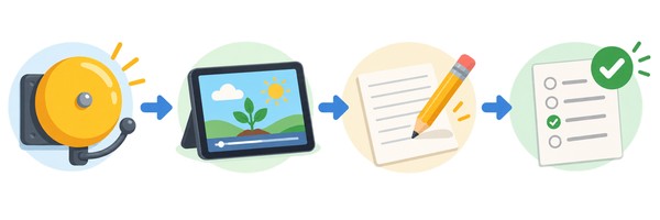 学校の授業、タブレット学習、翌日の紙での解き直し、学校の小テストと4つの段階が矢印でつながる図
