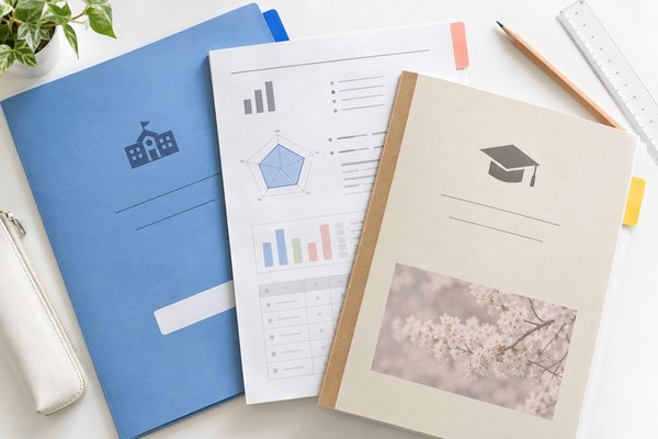 机の上に並べた高校の学校案内、教科別の結果が載った模試の成績表、進路資料の俯瞰写真。志望校との距離を測る3つの資料を表している