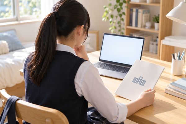 机の上でノートパソコンの検索画面ではなく、学校から配られた評価資料の冊子を開いて確かめている中学生