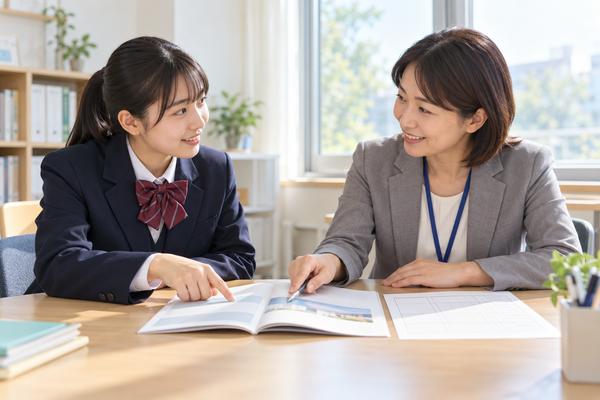 進路相談室で、制服姿の中学生が学校案内を指しながら、進路担当の先生に募集要項の読み方を相談している様子