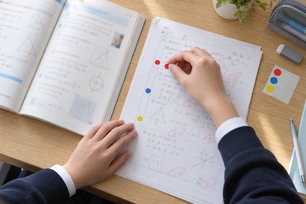 制服姿の中学生が教科書を開き、答案の間違いを赤・青・黄のシールで3種類に分けている手元の様子