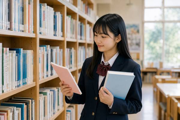 明るい図書室で制服の高校生が本棚から英文法の問題集を選び、手に取って中身を確かめている様子
