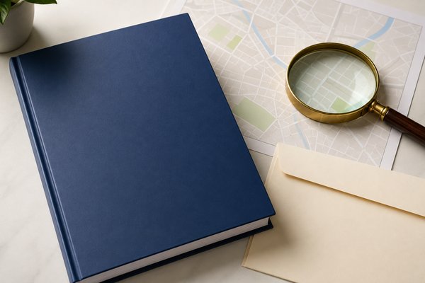 紺色の表紙の公的な冊子と虫眼鏡、学校案内の地図と封筒を机の上に並べ、当年度の資料を調べる様子