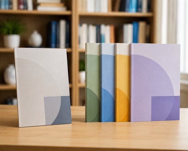薄い月刊誌1冊と、揃いの装丁で並んだシリーズの演習書4冊を、明るい本棚前の机に並べて見比べた様子