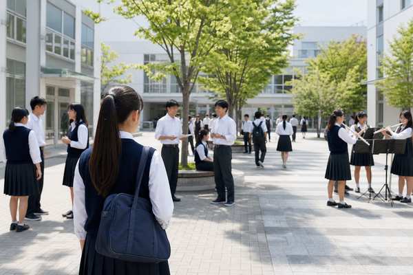 学校見学で高校の中庭に立ち、在校生の様子や校内の雰囲気を自分の目で確かめる中学生