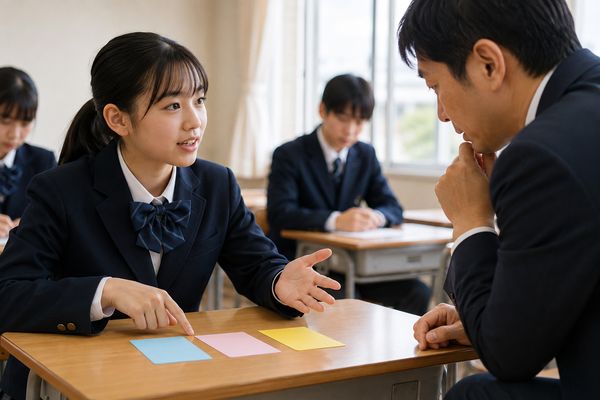 明るい教室で制服の中学生が机の上の3色のカードを指しながら、担当の先生へ自分の考えを説明している場面