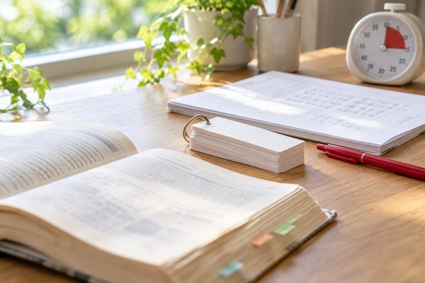 窓辺の机に手前から奥へ並ぶ参考書と単語カード、模試冊子とタイマー