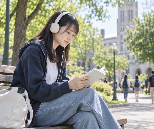 屋外のベンチでヘッドホンを使い、英語の音声を聞きながら教材を読んでいる高校生