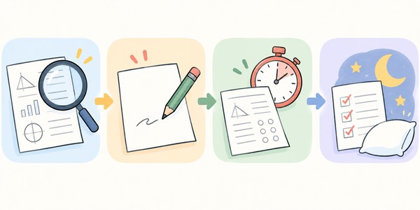 範囲の診断、白紙での再現、時間を計った演習、間違いの再テストと休息という4手順を左から順に並べた図解