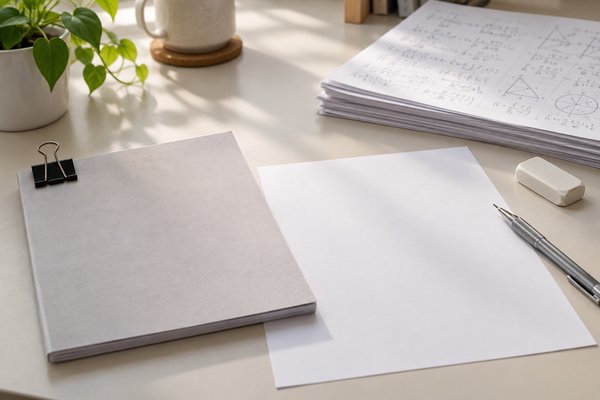 解説冊子を閉じて脇に置き、白紙と解き終えた答案を並べて解き直しに取りかかる机の上