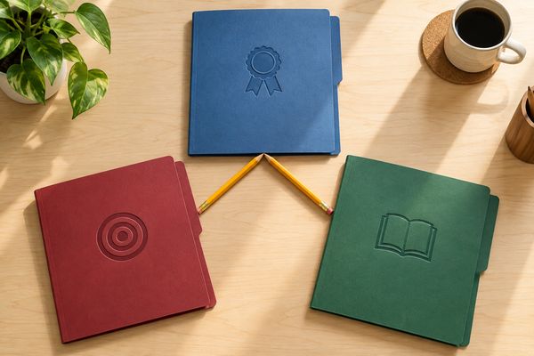 通知表・模試・過去問を表す3冊のフォルダーを並べた明るい机の上