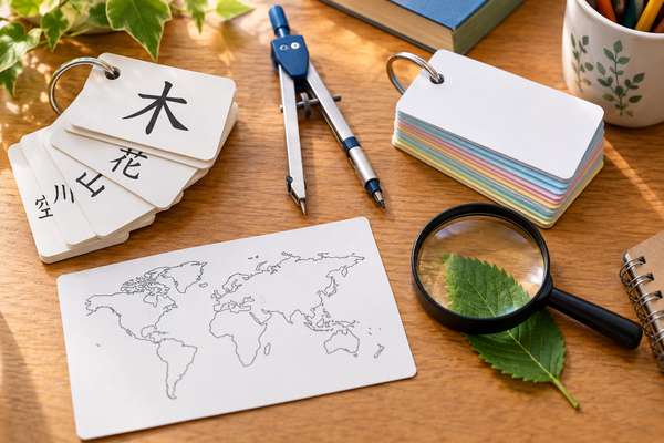 漢字カード、コンパス、世界地図、虫眼鏡と葉が机に並んだ、国語・数学・社会・理科の勉強道具