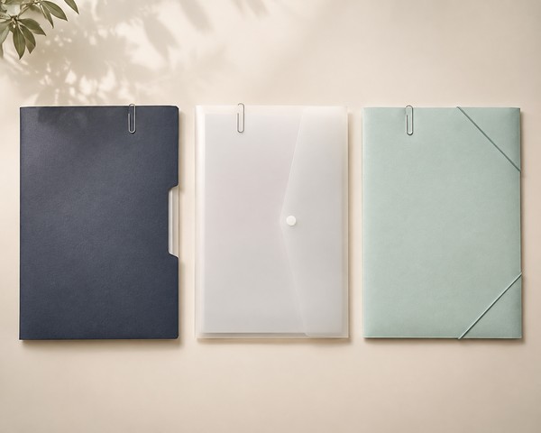通知表・調査書・指導要録を表す、色も質感も異なる3つの書類フォルダーを机の上に並べた様子