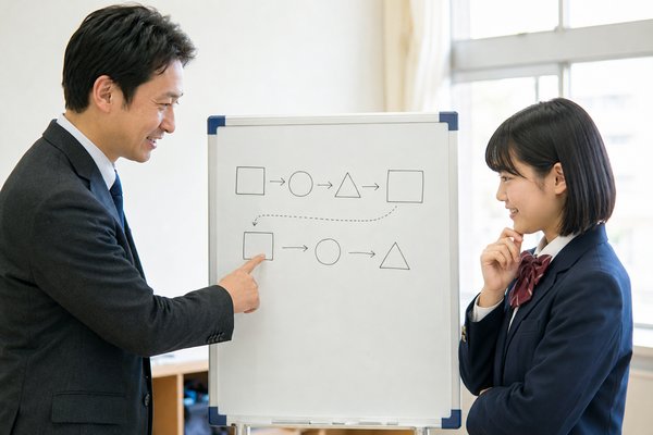放課後の教室でホワイトボードを使い、今の問題から必要な前提へ一本の線で戻る流れを先生と中学生が確認している様子