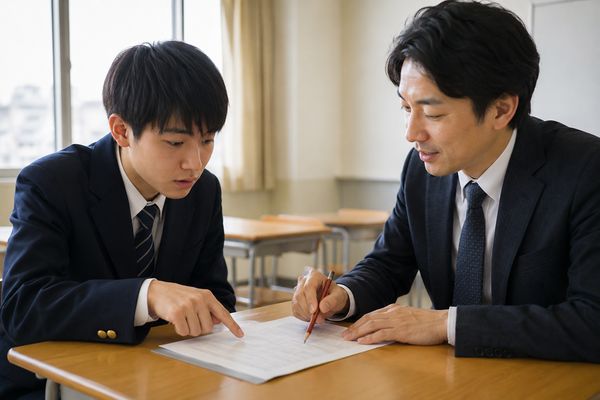 明るい教室で、制服姿の男子高校生が返却された記述答案を指さし、教員が赤鉛筆で具体的な助言をしている様子