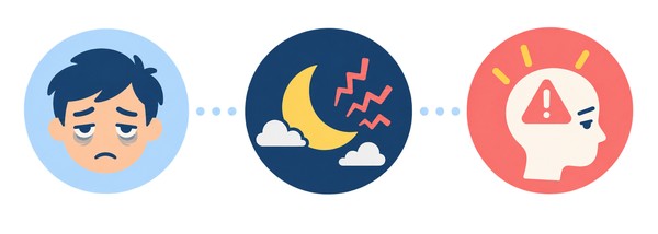 睡眠不足の3つのサインを示した図解。左から、目の下にクマのある疲れた顔、夜空の月と乱れた波線、頭の中の赤い注意マークが並ぶ