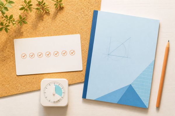 7日分のチェック欄が並んだ週間カードと学習用タイマー、一冊だけのノート