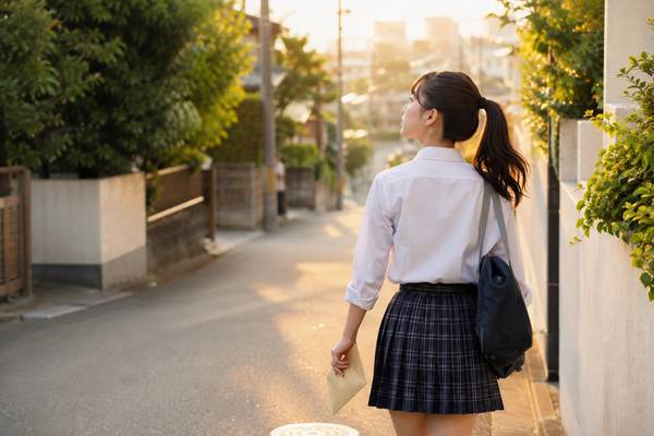 模試の結果を手に、夕方の住宅街をゆっくり歩きながら気持ちを整理している制服の高校生