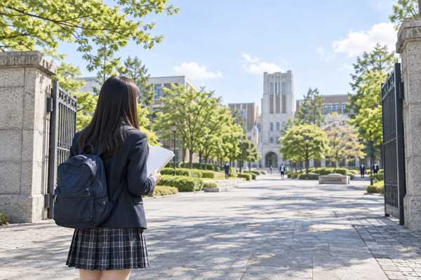 大学の正門の前に立ち、キャンパスを見つめる制服姿の高校生