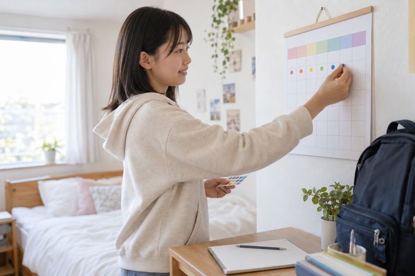 自室の壁に貼った週間カレンダーへ、私服の中学生が色付きの丸シールを貼って一週間の予定を組み立てている様子