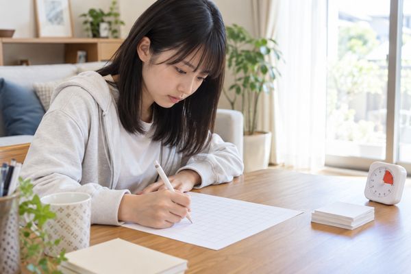 自宅のテーブルでタイマーを横に置き、方眼の問題用紙にたすき掛けの計算を書き込んでいる私服の高校生