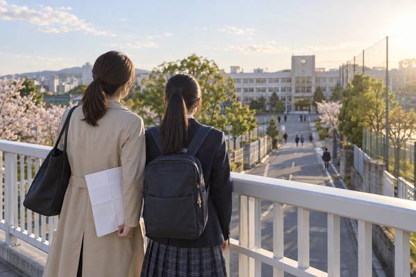 歩道橋の上から母と制服の中学生が遠くの公立高校を並んで眺めている