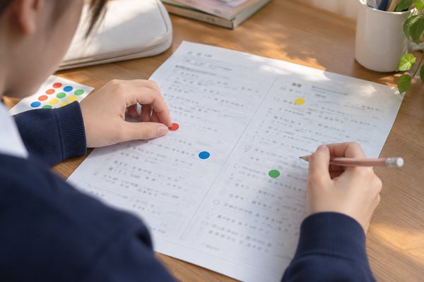 実力テストの答案の間違いに4色の丸シールを貼り、失点の原因を仕分けている中学生の手元