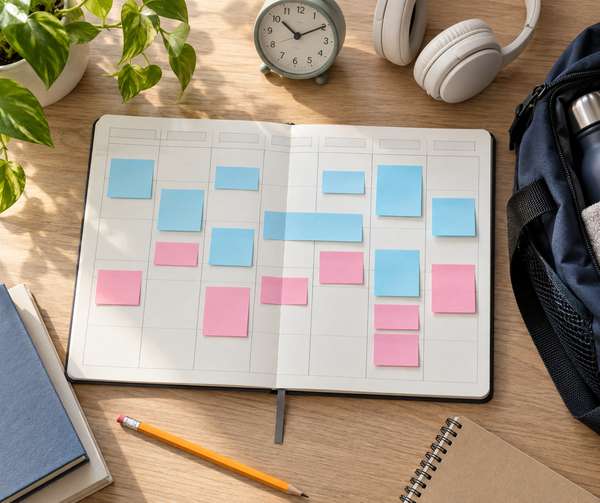 学校用と受験用を二色の付箋で書き分けた一週間の予定表と部活のバッグ