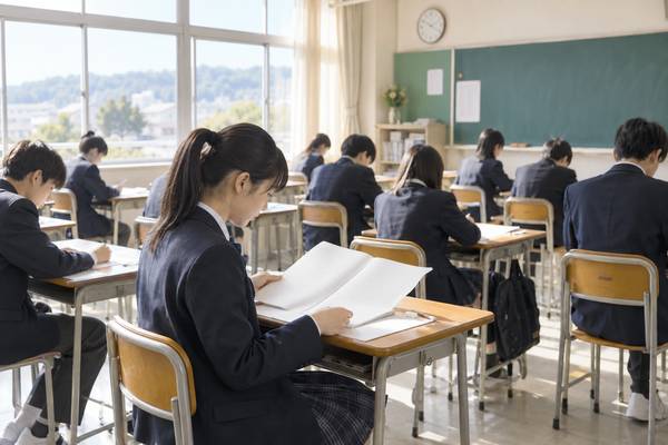 明るい試験教室で問題冊子を開き、解く順番を見極めている制服姿の高校生