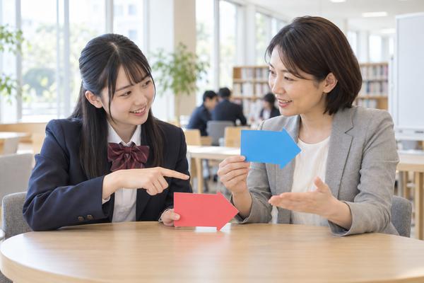 制服姿の高校生と講師が、赤と青の逆向きの矢印カードを使って候補を絞る向きと確かめる向きを話し合っている様子