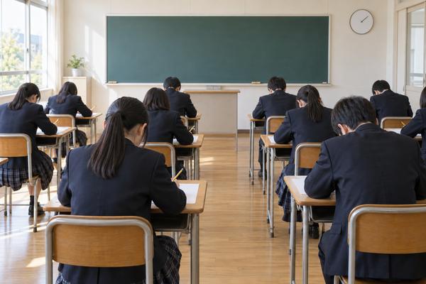 教室で生徒が一斉に本番形式の問題を解いている試験中の様子