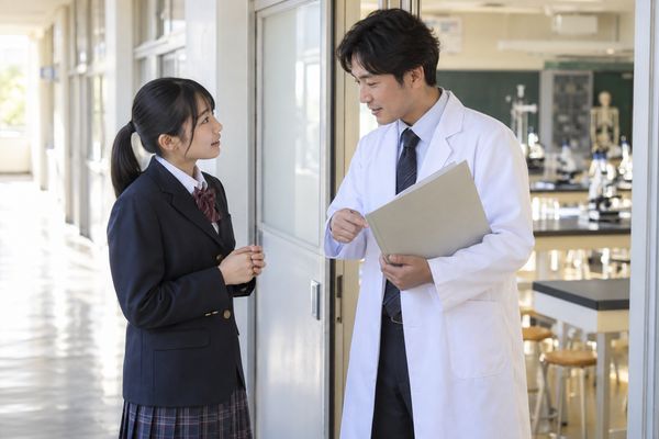 理科室の前で、教科担当の先生に改善点を質問している中学生
