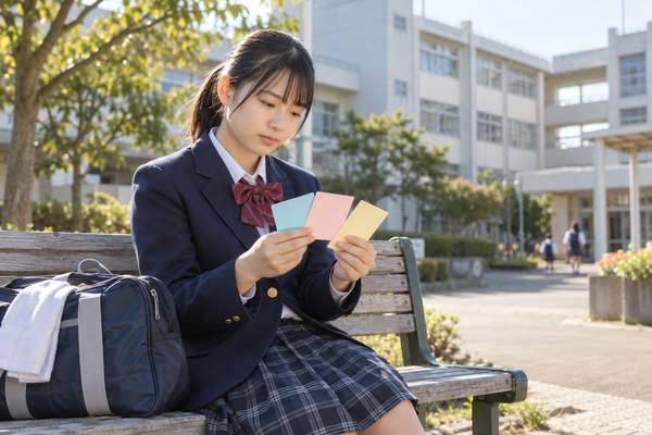 放課後の校庭のベンチで部活バッグを置き、色分けしたカードを見ながら今日の予定を考える制服の中学生