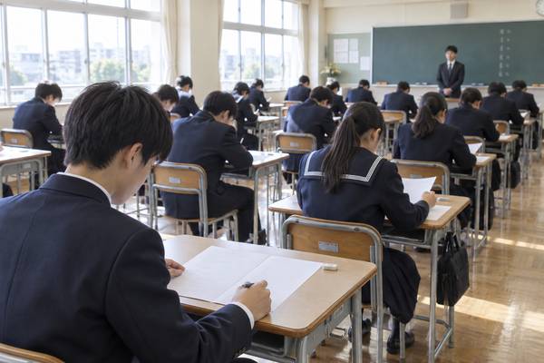 明るい教室で生徒たちが一斉に答案へ向かっている実力テスト本番の様子