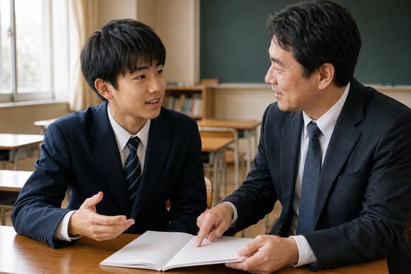 放課後の教室で、制服の中学生が教科担当の先生にノートを開きながら次の評価機会について質問している様子