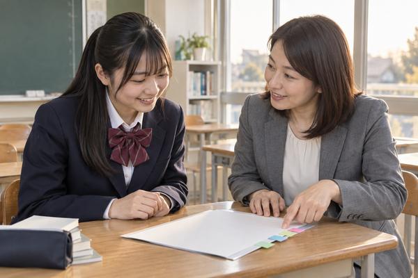 明るい教室で制服姿の生徒が先生と机を並べ、観点別評価をどう上げるか相談している様子