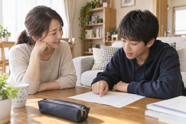 リビングのローテーブルで、中学生の息子が答案の一か所を指さして話し、母親が口をはさまずに聞いている様子