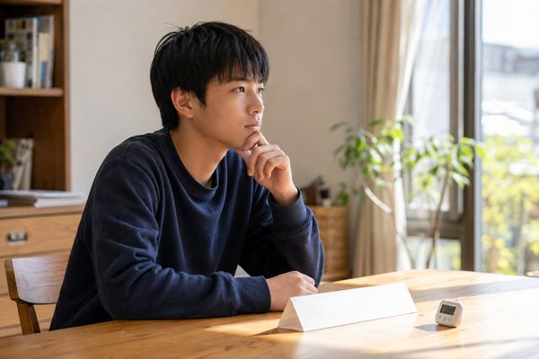 私服の高校生が自宅の机で問題用紙を伏せ、何も見ずに答えを思い出そうと考えている様子