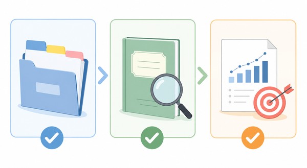 下がった一教科の評価材料、志望する選抜の公式資料、当日点までの現在地という3項目を、チェック印つきの3枚のカードで順に並べた図解