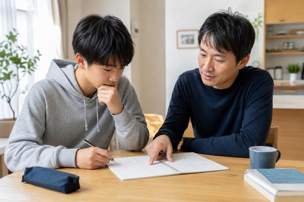 ダイニングテーブルで難しい問題に手が止まった高校生に、隣に座る父親が最初の手がかりを指し示している様子