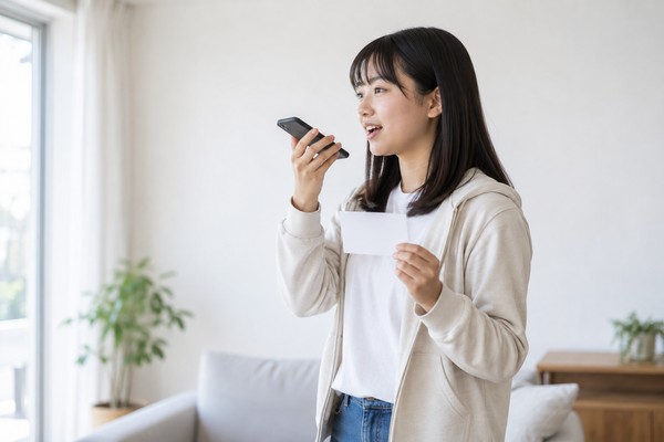 自宅のリビングでカードを手に持ち、スマートフォンの録音機能へ向かって英語で答える練習をする高校生