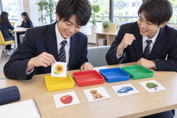絵カードを4つの色分けトレーに仕分けて分類の練習をする男子生徒2人