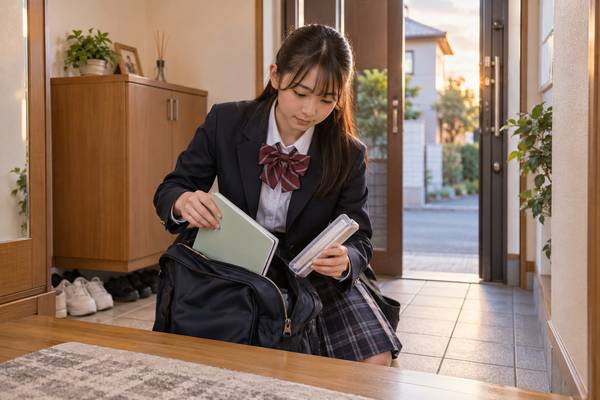 夕方の玄関で通学かばんから教材を二つだけ選ぶ制服の高校生