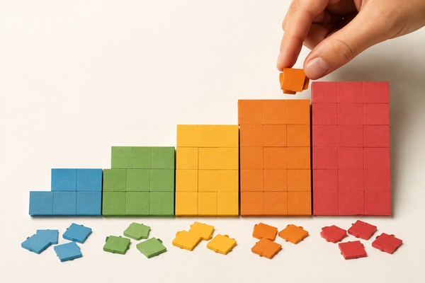 5色のタイルを少しずつ積み上げて階段を作り、最後の1枚を手で置き足している図解。教科ごとの小さな回収点が合計50点になることを表す