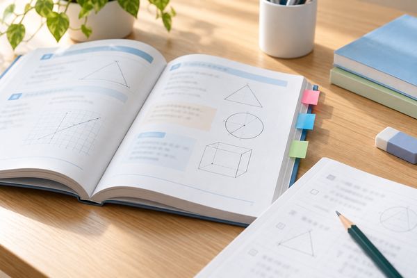 3色の付箋を貼った数学の教科書と学校ワーク、プリントを並べた机の上