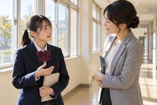 放課後の明るい校舎の廊下で、制服姿の中学生がノートを持ち、教科担当の先生に評定について質問している様子